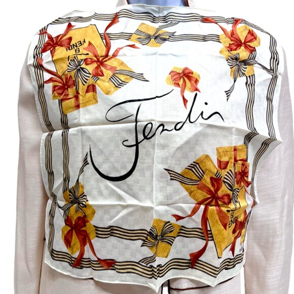 New Fendi Cotton/ Handkerchief/MiniScarf 19" Ivery yellow orange bow ties (94) - Picture 4 of 6